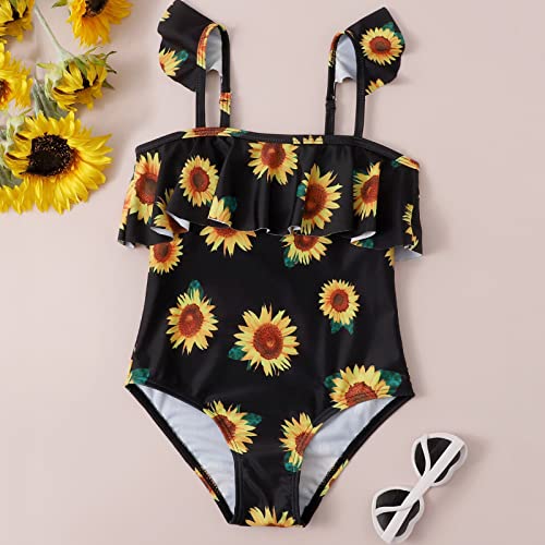 Kids Girls One Piece Sunflower Swimsuit Spaghetti Strap Ruffles Swimwear 7 to 14 Years Teens Preppy Girls Swim2