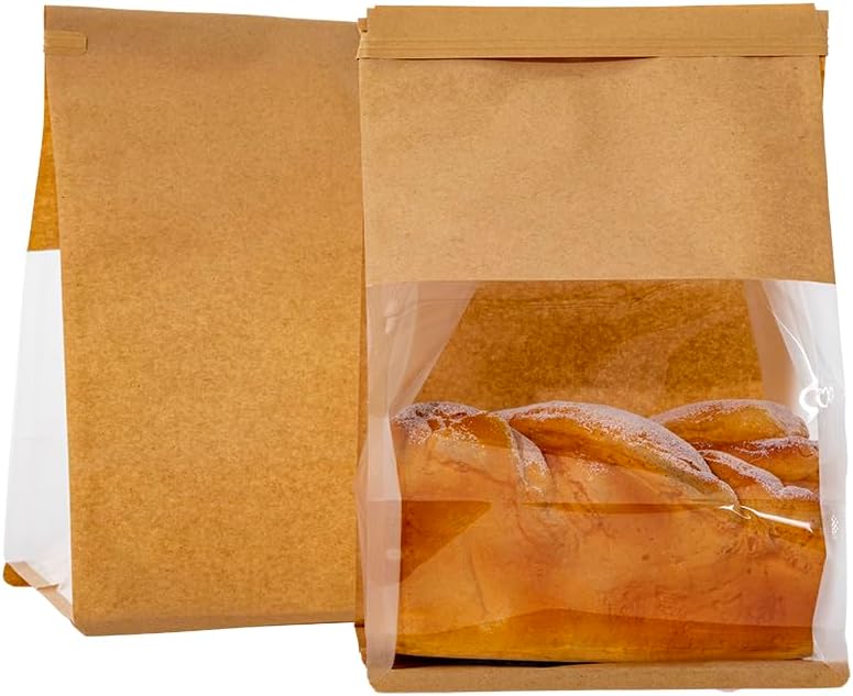 50Pack Bread Bags for Homemade Bread, Paper Bakery Bags with Window, Tin Tie Tab Lock Bags for Toast, Cookie, Coffee (M (6.2’’x10.2’’+5.1’’))