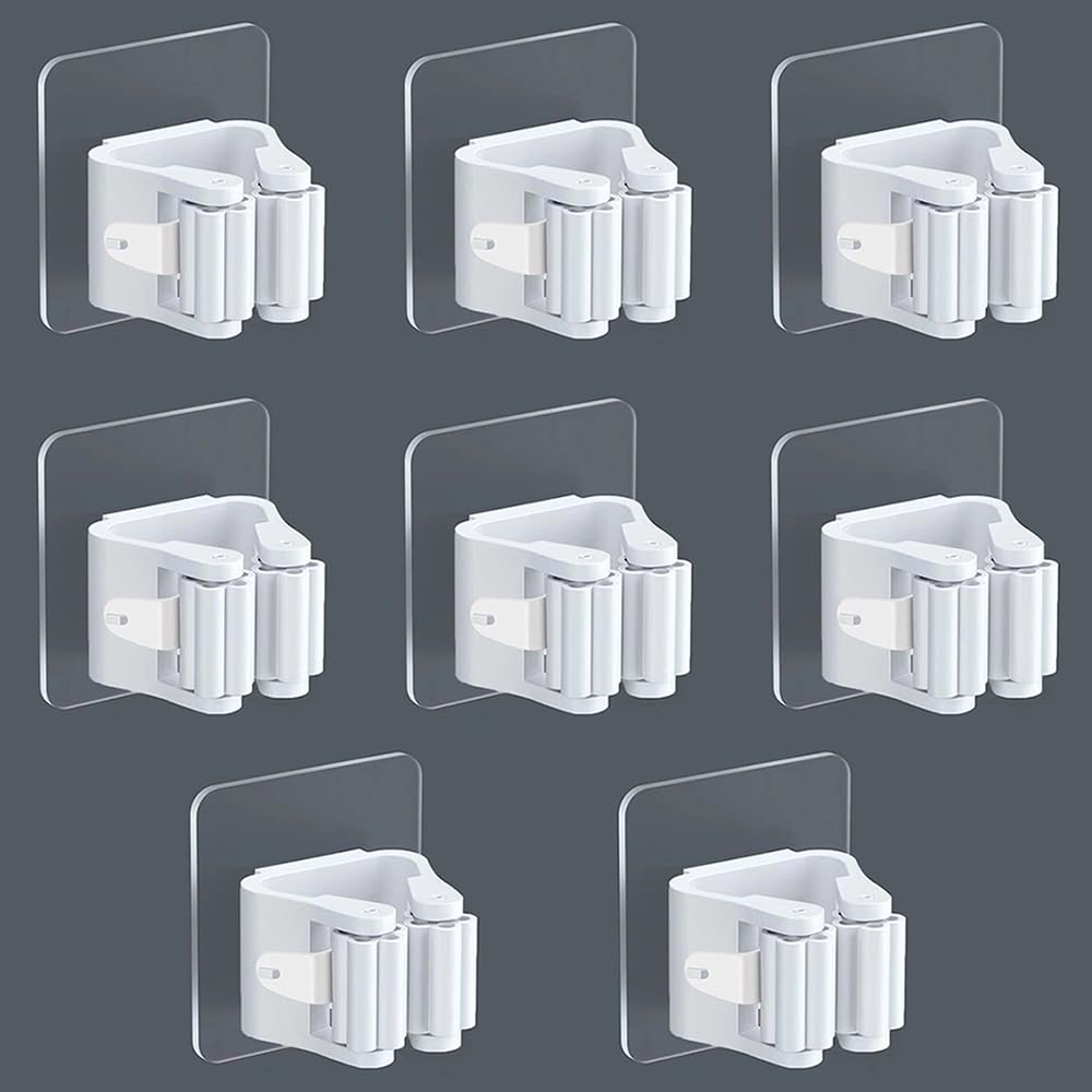 medaheky 8Pcs Broom Holder Wall Mounted Self Adhesive Mop Holder Wall Mount No Drill Broom Clips Brush Hook Broom Bracket Organizer Clip for Bathroom Kitchen Office Garden White
