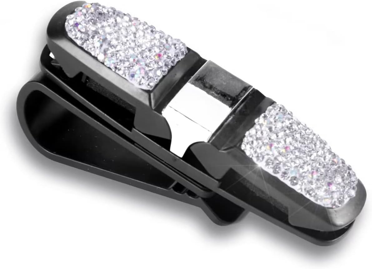 JUSTTOP Glasses Clip Holder for Car Sun Visor, Bling Crystal Rhinestones Fashion Rotatable Double-Ends Car Sunglasses Eyeglass with Ticket Card Clip - Silver