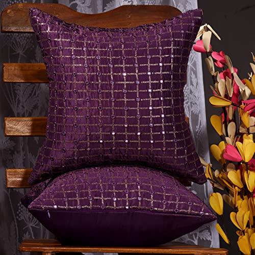 Image of Purple Cushion Covers for Sofa 12x12 Set of 2, Festive Sequin Pillow Covers, Embroidered With Mirror Work, Embellished