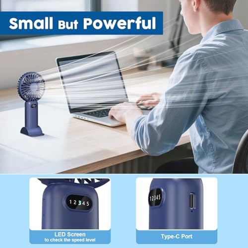 YTGUORKC Portable Handheld Fan, 5 Speed Personal Handheld fan and Desktop with Base, USB Rechargeable Battery Operated Mini Small Hand Fan With LED Display for Travel Indoor Outdoor
