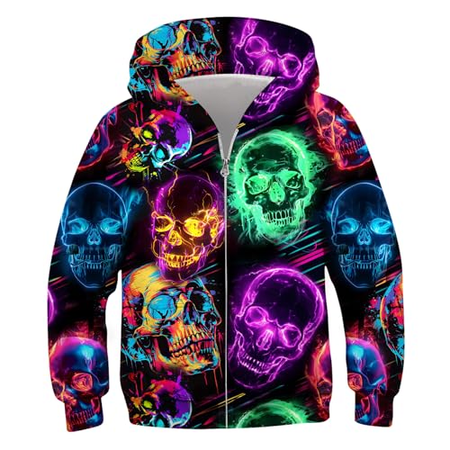 10-12 Years Old Boys Skeleton Sweatshirts for Teens Girls Halloween Zip Up Hoodies Size 10 12 Youth Soft Fashion Pullover Juniors Autumn Winter Wear Long Sleeve Jacket Shirts with Front Pocket