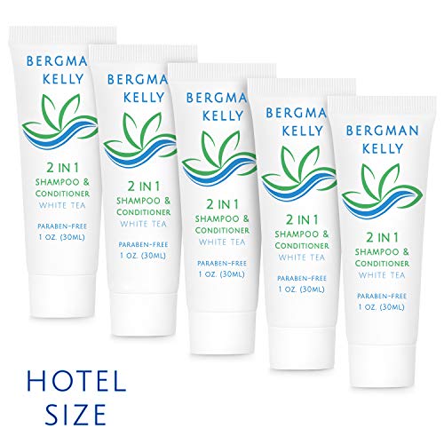 BERGMAN KELLY Travel Size Shampoo & Conditioner 2 in 1 (1 Fl Oz, 100 PK, White Tea), Delight Your Guests with Revitalizing and Refreshing Shampoo Amenities, Quality Small Size Hotel Toiletries in Bulk
