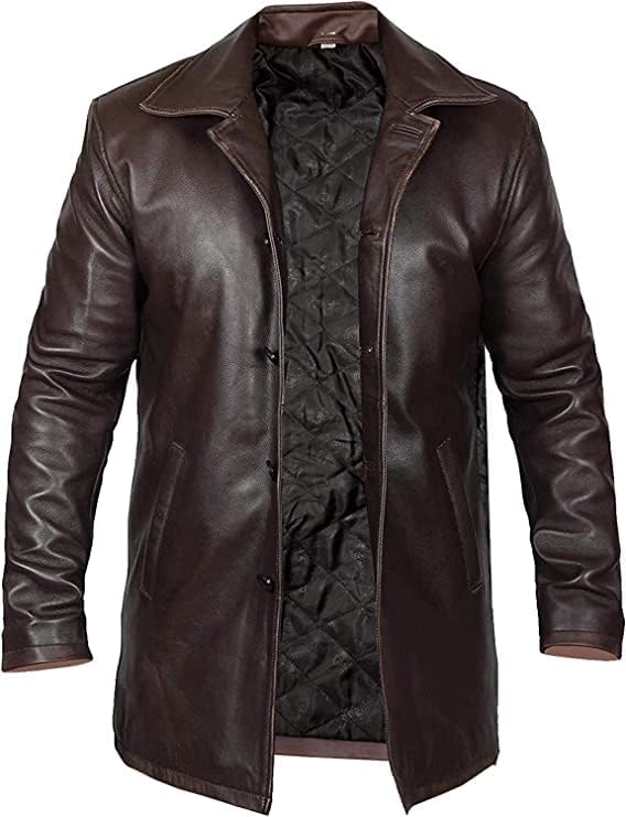 Men Classic New Zealand Lambskin Leather Long Walking Coat-Men's Genuine Cow Suede Leather Coat-Men's Premium Four Button Car Coat Leather Jacket-Brown Slim Fit Peacoat Real Leather Brown Trench Coats