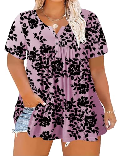 ForHailey Plus Size Tops for Women Tunic Tops Plus Size Clothes Summer Short Sleeve Henley Shirts Button Up Rose XX-Large