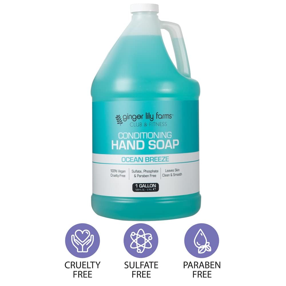 Ginger Lily Farms Club & Fitness Conditioning Liquid Hand Soap Refill, 100% Vegan & Cruelty-Free, Ocean Breeze Scent, 1 Gallon (Pack of 4)