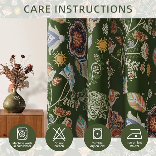 Image of XiDi Green Floral Blackout Curtains 90 Inches Long 2 Panels Black Out Drape