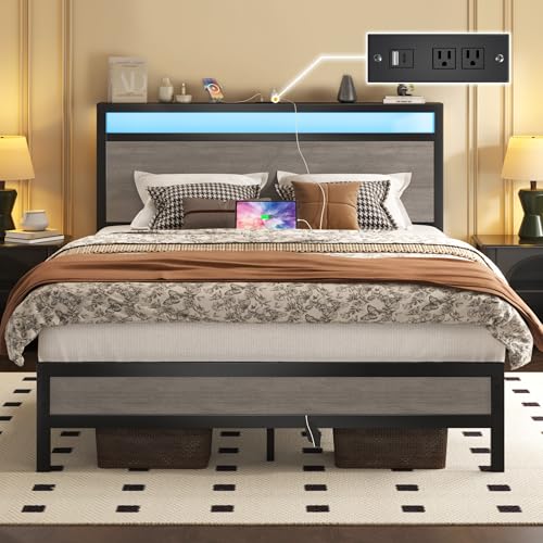 Image of Fluest Full Bed Frame with Headboard & Footboard, Full Bed Frame with Built-in Charging Station & LED Light, Storage Shelf, Noise-Free, No Box Spring Needed, Easy Assembly, Rustic Grey