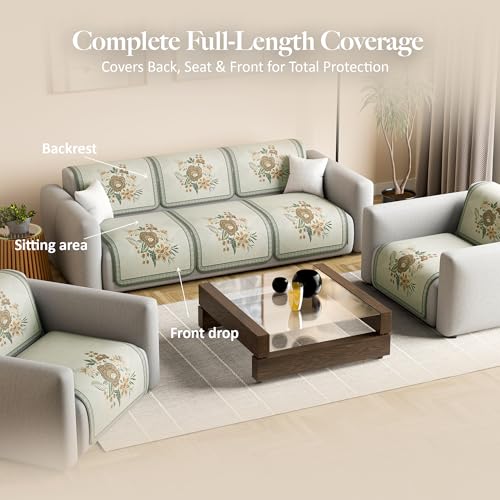 Image of Kuber Industries 5 Seater Sofa Cover | Slipcover for Living Room | Thick & Cozy | Non-Slip Comfort Sofa Cover Set | Paradise 1137 Number - Olive Green