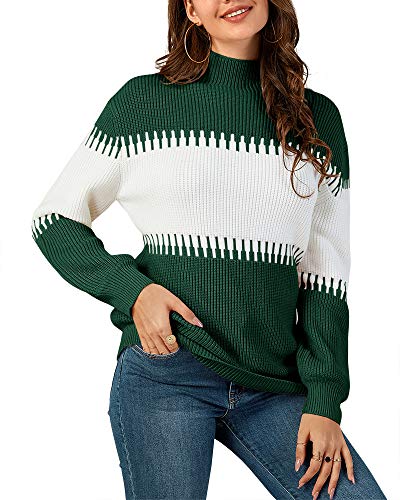 Saodimallsu Womens Oversized Turtleneck Sweater Chunky Color Block Batwing Long Sleeve Baggy Ribbed Knit Pullover Jumper Blackish Green