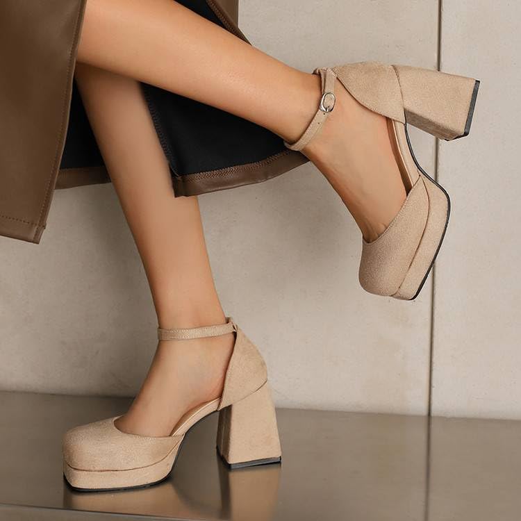 Women Elegant Ankle Strap D'Orsay Pumps Denim Square Toe Flare Heels3