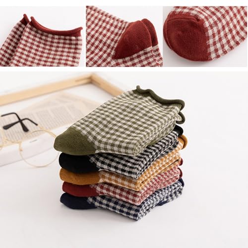 Cute Multi Colored Checkered Cotton Crew Socks For Women, Size 5-8, Pack of 53