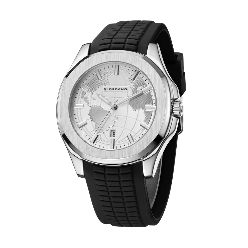 Image of Giordano Stylish World Map Design Analog Watch for Men with Silver Case Round Dial, Textured Silicone Strap, Water Resistant and Date Display Function - GZ-50147