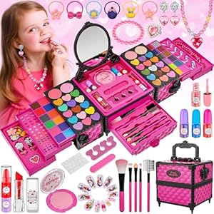 99 Pcs Kids Makeup Kit for Girls, Princess Toys Real Washable Cosmetics Set with Mirror, Hair Ties, Nails, Rings, Earrings, Necklace, Perfect for 3 4 5 6 7 8 Year Old Girls Birthday