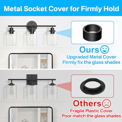 Image of Modern Black Bathroom Light Fixtures over Mirror - 3 Light Bathroom Vanity Light Wall Sconces lighting with Clear Glass Shade Vanity Lights for Bathroom, Kitchen, Bedroom, Hallway and More Scenarios