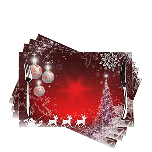 Merry Christmas Red Deer Placemats Set of 4 - Washable 12x18 Inch PVC Indoor Non-Slip Table Mats for Dining Room Decor