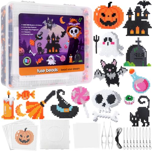 Homgaty 5000 Bügelperlen Halloween Set, 5 mm Steckperlen mit Steckplatte, 16 Muster, Bügelpapier… – Ansicht 1