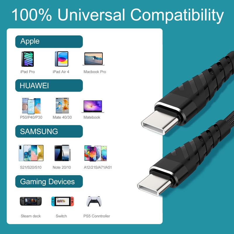 Miniatura 6 de Cable USB C a USB C de 60 W, paquete de 2 cables de carga USB C de 10 pies, cable de carga rápida USB-C trenzado para iPhone