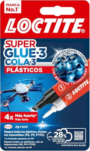 Loctite Super Glue-3 Plásticos Difíciles (2 g/4 ml), pegamento fuerte bicomponente para plástico, adhesivo de cianoacrilato con activador en formato rotulador para tareas de bricolaje