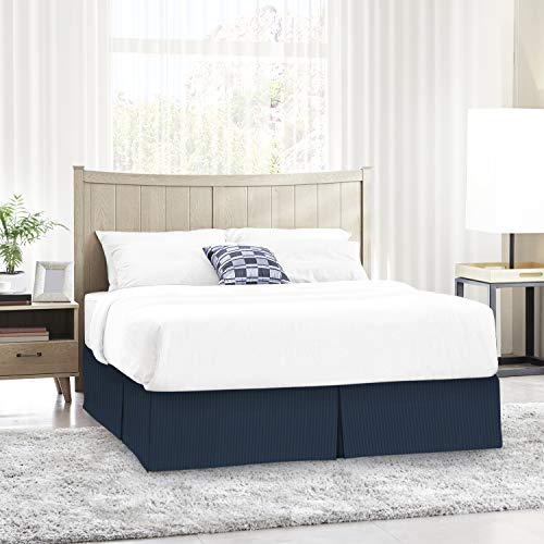 Image of Nestl Full Size Bed Skirt - Damask Dobby Stripe Wrap Around Bed Skirt Full Size - Double Brushed Microfiber 14 in Tailored Drop Pleated Bed Ruffle with Bed Skirt Pins - Navy