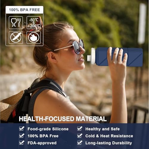 Collapsible Water Bottles 20.6oz 2 Pack, Silicone Foldable Portable Water Bottle, Lightweight Reusable Leakproof for Travel Camping Hiking Cycling Yoga Sports Outdoor (Blue+DarkBlue)2