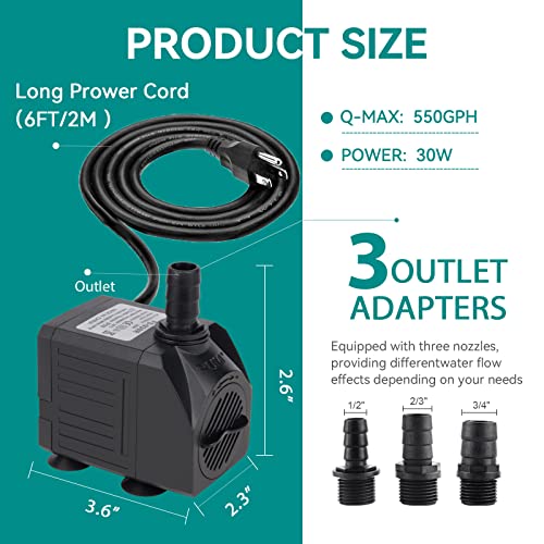 Freesea Aquarium Submersible Fountain Pump: 550Gph 30W Adjustable Quiet Water Pumps With 7.2Ft High Lift For Small Pond | Waterfall | Outdoor | Hydroponic | Statuary #TOP1