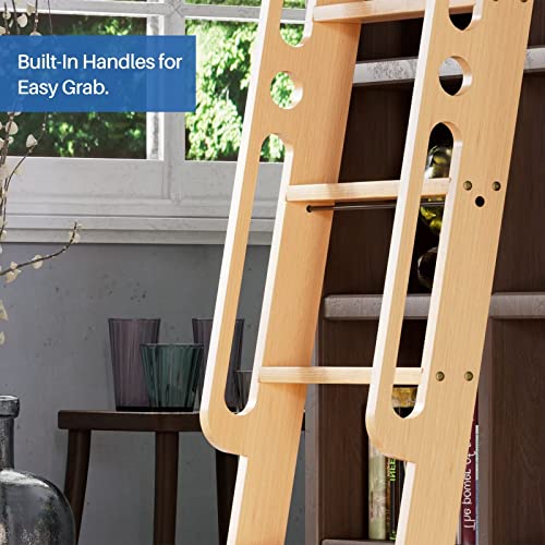 Kinmade 7 Ft Rolling Library Ladder, Sturdy Wood Step And Build-In Handrail, Multi-Use For Loft Stairs/Bookshelf, Red Oak (Total Length 86.7’’) #TOP2