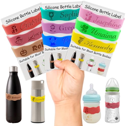 Etichette personalizzate per bottiglie d'acqua, riutilizzabili per l'asilo nido, fascette in silicone per bottiglie d'acqua, etichette per bottiglie d'acqua, confezione da 3 pz.