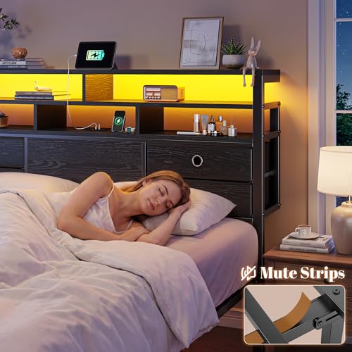 Image of Homkdom Full Size Bed Frame with 3-Tier Storage Headboard and 4 Drawers,Bed Frame Full with LED Lights & Charging Ports,13.6 inch Under Bed Storage,Metal Full Bed 880LBS Heavy Duty,No Noise,Modern Black