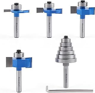 Newdeli Rabbet Router Bit Set 1/4 Inch Shank - 4Pcs Rabbeting Router Bits（1/8",1/4",3/8", 1/2" Height） with 6 Bearings Set (3/8", 1/2", 5/8", 3/4", 7/8", 1-1/8" Bearings) - Wood Biscuit Slot Cutters