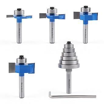 Newdeli Rabbet Router Bit Set 1/4 Inch Shank - 4Pcs Rabbeting Router Bits1/8",1/4",3/8", 1/2" Height with 6 Bearings Set 3/8", 1/2", 5/8", 3/4", 7/8", 1-1/8" Bearings - Wood Biscuit Slot Cutters