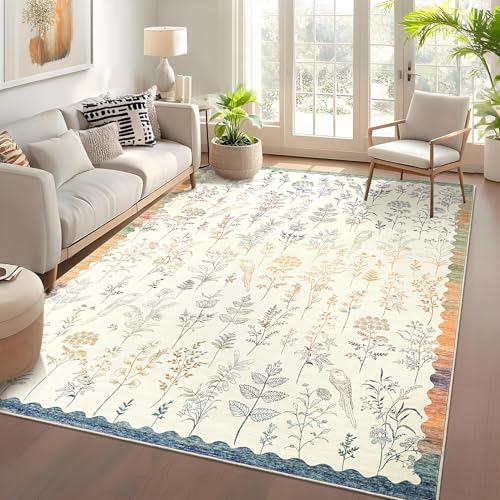 GarveeHome Washable 5x7 Rugs for Living Room Floral Scalloped Bedroom Area Rug, Non-Slip Dining Table Solid Neutral Throw Mat, Botanical Area Rug Carpet for Entry Basement Dorm Farmhouse,Beige