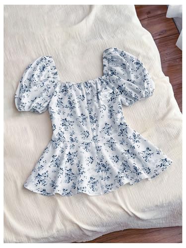 SweatyRocks Women's Floral Print Puff Short Sleeve Blouse Tie Front Ruffle Peplum Tops2