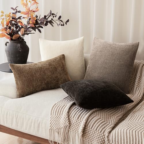 Image of Foindtower Set of 2 Textured Chenille Throw Decorative Pillow Covers Square Accent Solid Cushion Cover Neutral Farmhouse Lumbar Pillow Case for Couch Sofa Bedroom Living Room 12x24 Inch,Dark Bronze