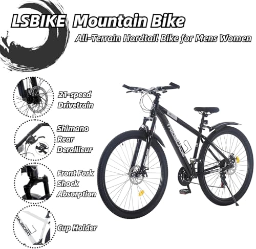 LSBIKE 24 26 27.5 29Inch Mountain Bike 21 Speed Drivetrain Hardtail Bicycle Mens Women Mountain Bike With Shock Lightweight Sport Cycling Bike for Adult with Mudguard MTB Bicycle (Black, 24inch) - Image 2