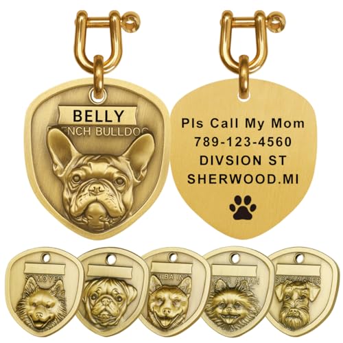 Personalized Dog ID Tag, Brass Shield Design with Custom Text, Multiple Breed Options - French Bulldog, German Shepherd (French Bulldog)