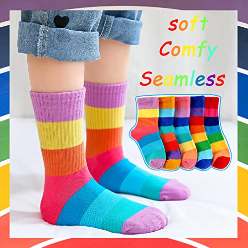 Kids Crew Socks - Seamless Rainbow Stripes for Boys Girls - Cotton Athletic Unisex Cute Fun Boot Socks - 5 Pairs2