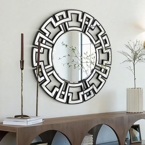 Chende Gold Mirrors for Decor, 32'' Round Wall Mirror with Beveled Glass Frame, Modern Decorative Mirror with Wood Frame for Living Room, Entryway, Dining Room, Bathroom