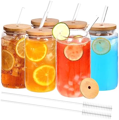 Finew 6pcs Glass Cups with Bamboo Lids and Glass Straws, 16oz Beer Glasses Can Shaped Glass Cups, Clear Glass Cups, Cute Tumbler Cup, Ideal for Whiskey, Cocktail, Iced Coffee Gift- 2 Cleaning Brushes