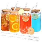 Finew 6pcs Glass Cups with Bamboo Lids and Glass Straws, 16oz Beer Glasses Can Shaped Glass Cups, Cl