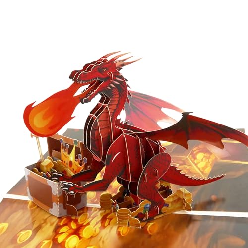 DORAFIORA® 3D Pop-Up Karte Drache mit Schatztruhe – Fantasievolle Glückwunschkarte für Kinder & Erwachsene | Pop Up Karte zum Geburtstag & für DnD- oder Fantasy-Fans | inkl. Umschlag & Einlegekarte