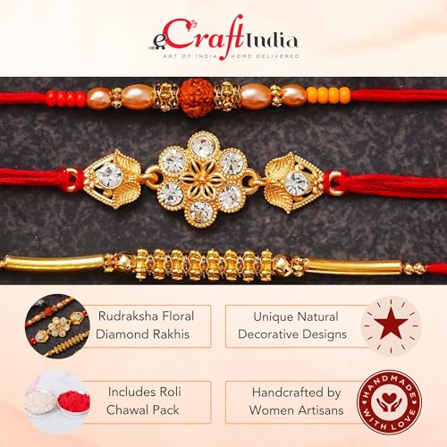 Image of eCraftIndia Red & Golden Set of 3 Trishul with Damru, Lord Ganesha, & Lord Krishna Playing Flute Religious Rakhis with Roli Chawal Pack