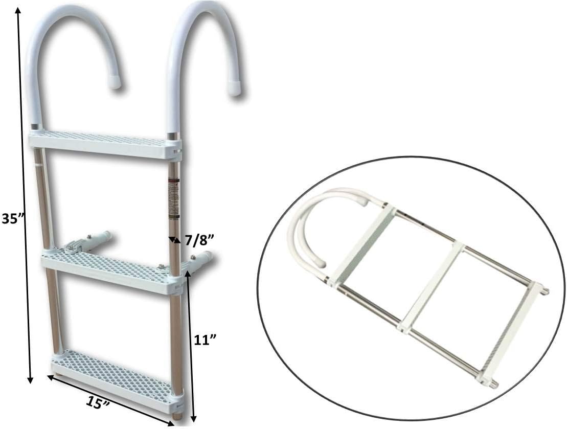 Marine Boat Aluminum White POLYETHYLENE Swim Boarding 3 Steps Ladder Hook 35X15