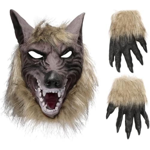 Déguisement de loup-garou, masque de tête de loup et gants de griffe en latex fourrure de loup, idéal pour carnaval fasching et fêtes à thème