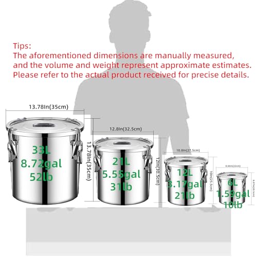 Image of 304 stainless steel food storage containers with lids lock clips airtight container large airtight for rice flour sugar grain coffee bean storage containers Kitchen jar (5.55gal /21L)