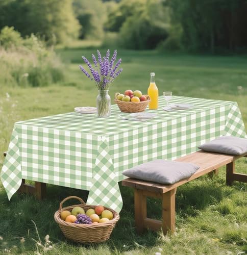 Image of 2 Pack Sage Green Gingham Tablecloth Rectangle 54 x 108 Sage Green and White Checkered Table Cloth Disposable Plaid Table Cover Plastic for Birthday Baby Shower Picnic Wedding Party Supplies