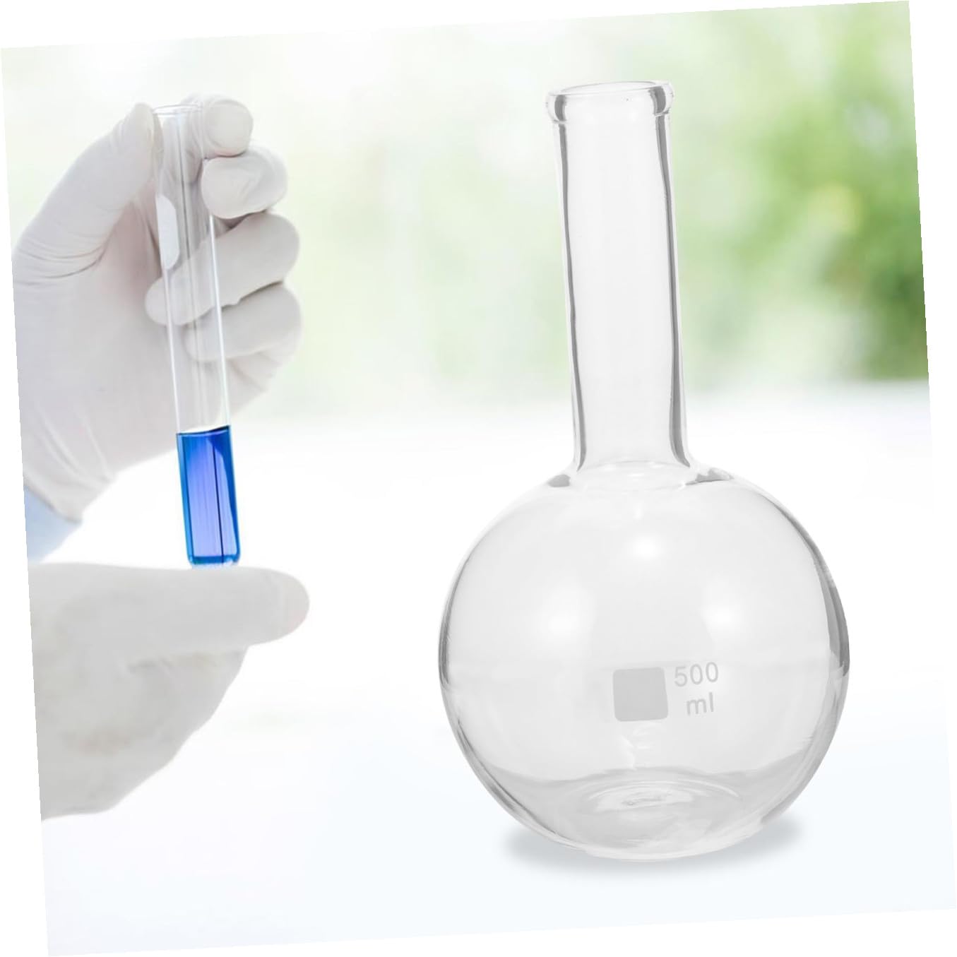 500Ml Long Neck Flat Bottom Glass Flask for Chemistry Laboratory, Distillation Flask with Measurement Scale, Borosilicate Glass for Scientific Experiments
