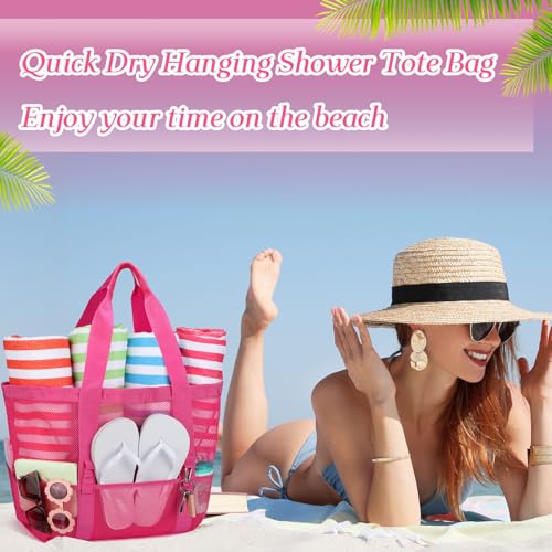 Image of Hillban Large Beach Mesh Bags Bulk for Women Beach Tote Bag with 8 Pocket Zipper Waterproof Sandproof for Pool Cruise Ship