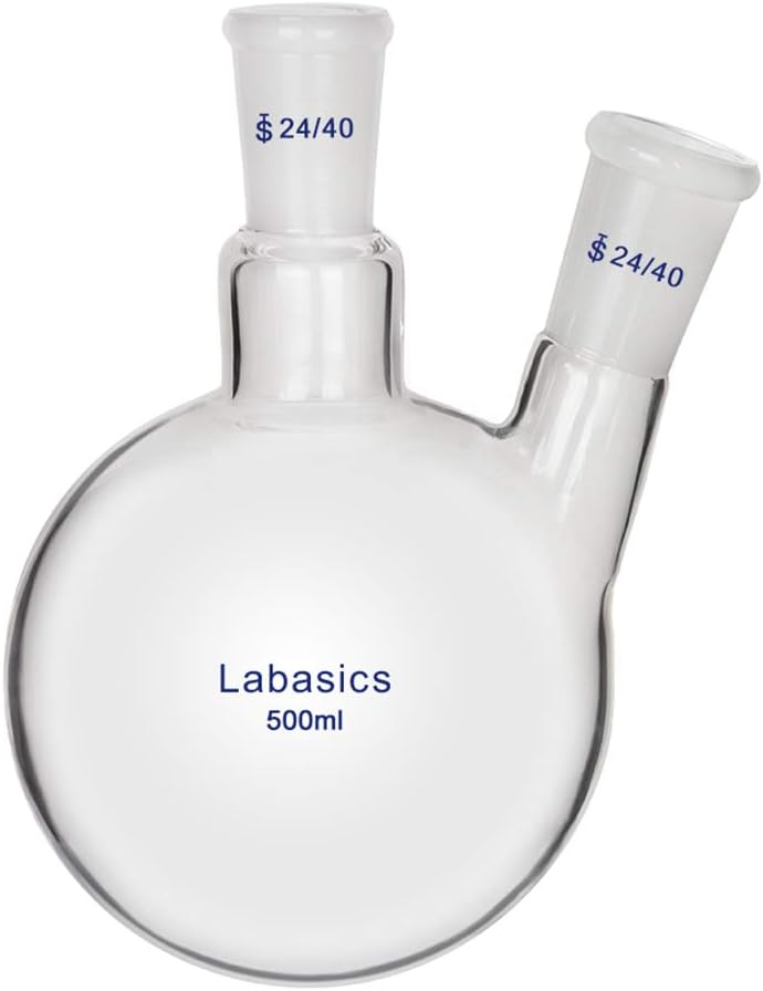 Labasics Glass 500ml 2 Neck Round Bottom Flask RBF, with 24/40 Center and Side Standard Taper Outer Joint, 500ml